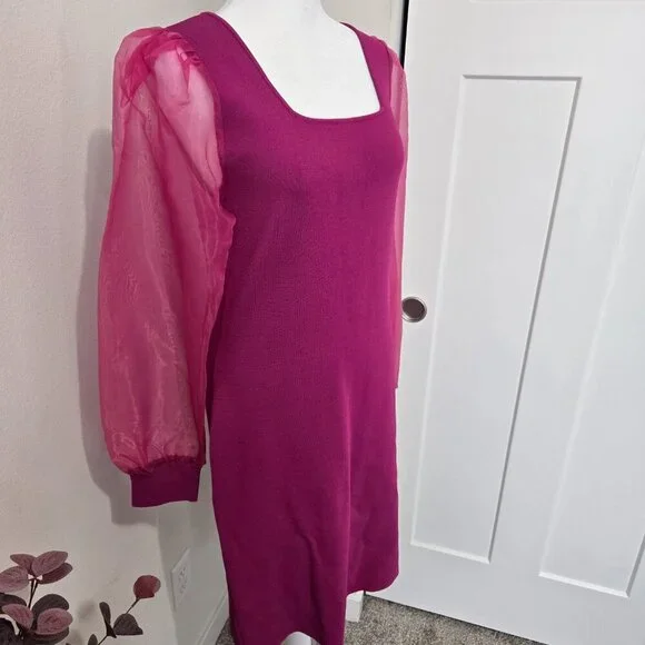 House of Harlow 1960 Fuchsia Bodycon Dress Sheer Sleeves Sz L - Picture 2 of 9
